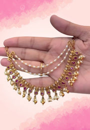 Beautiful Champa swaralu with pink and guttapusalu hangings